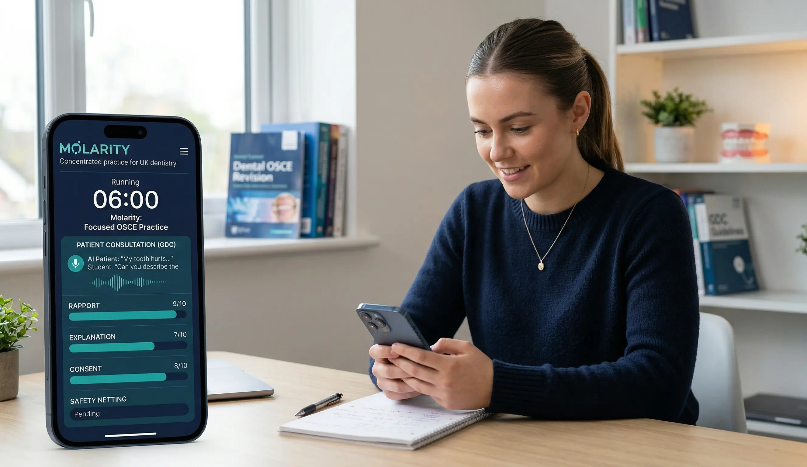 Dental student using the Molarity app on a smartphone, completing a timed OSCE practice station with AI feedback on rapport, explanation, consent, and safety.