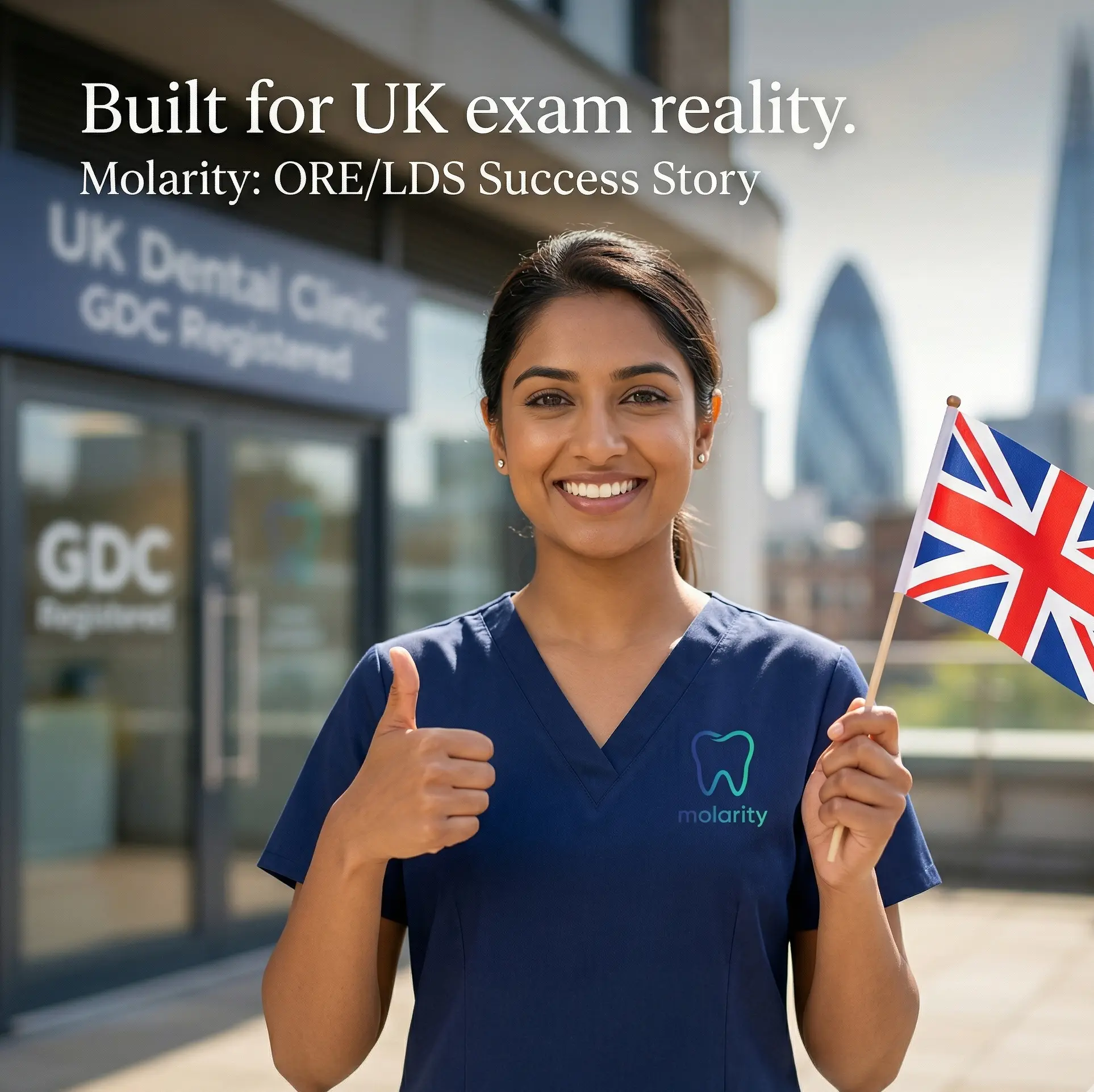 Smiling dentist in UK clinic uniform holding a British flag and giving a thumbs up, representing successful ORE/LDS exam achievement with Molarity.